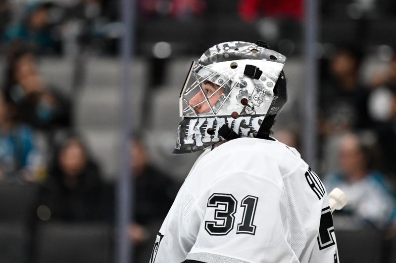 Oct 29, 2024; San Jose, California, USA; Los Angeles Kings goaltender David Rittich (31) stands on the ice against the San Jose Sharks in the second period at SAP Center at San Jose. Mandatory Credit: Eakin Howard-Imagn Images