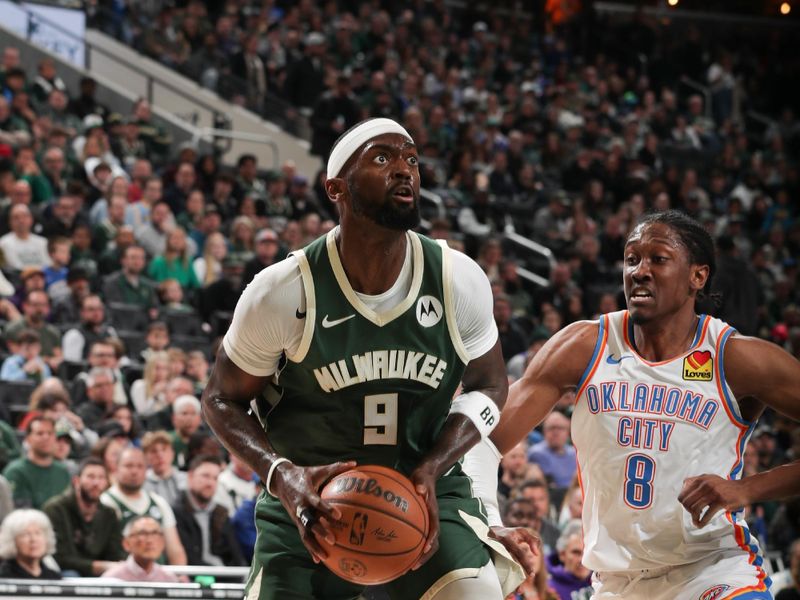 MILWAUKEE, WI - MARCH 24: Bobby Portis #9 of the Milwaukee Bucks handles the ball during the game against the Oklahoma City Thunder on March 24, 2024 at the Fiserv Forum Center in Milwaukee, Wisconsin. NOTE TO USER: User expressly acknowledges and agrees that, by downloading and or using this Photograph, user is consenting to the terms and conditions of the Getty Images License Agreement. Mandatory Copyright Notice: Copyright 2024 NBAE (Photo by Gary Dineen/NBAE via Getty Images).