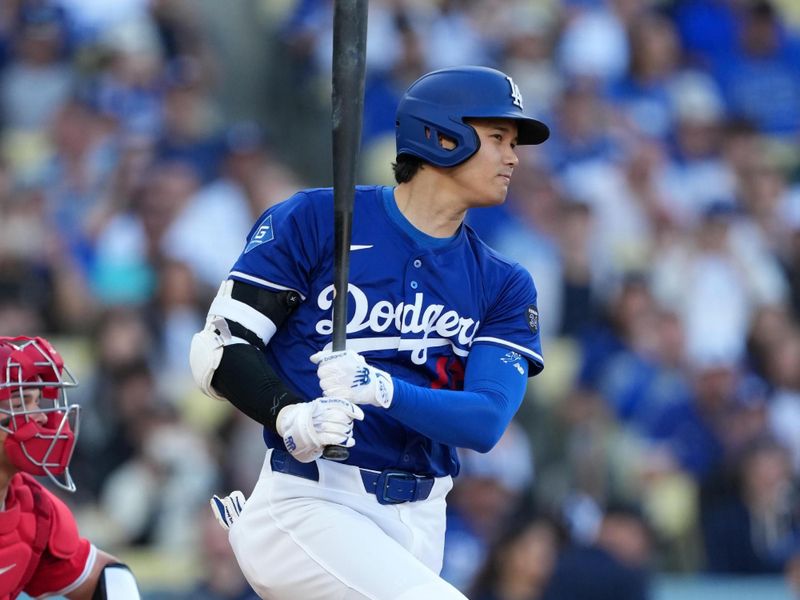 Mar 23, 2025; Los Angeles, California, USA; Los Angeles Dodgers two-way player Shohei Ohtani (17) bats in the fourth inning against the Los Angeles Angels at Dodger Stadium. Mandatory Credit: Kirby Lee-Imagn Images