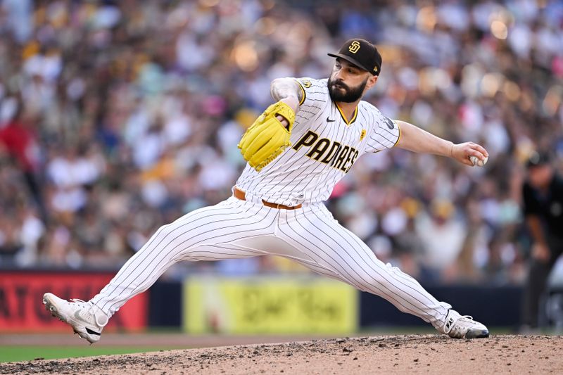 Sep 2, 2024; San Diego, California, USA; San Diego Padres relief pitcher Tanner Scott (66) pitches during the seventh inning against the Detroit Tigers at Petco Park. Mandatory Credit: Denis Poroy-USA TODAY Sports