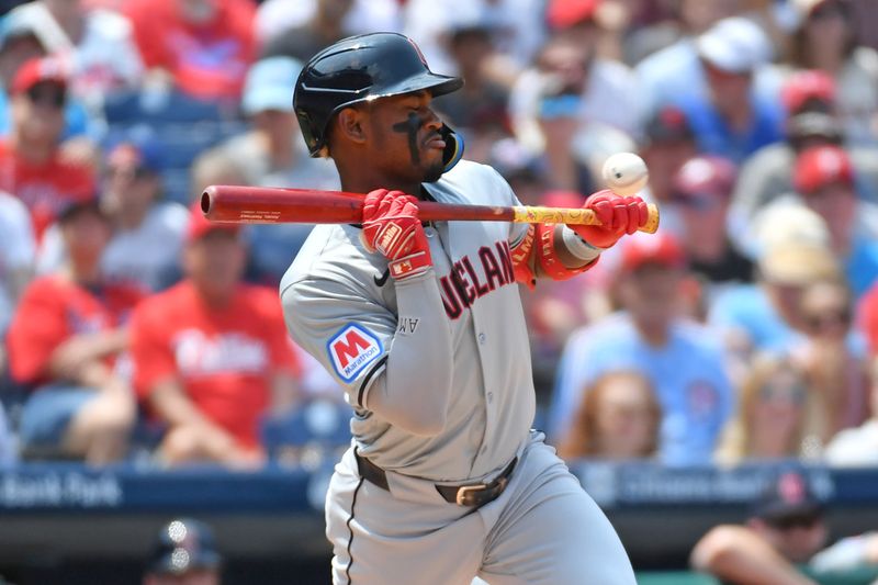 Jul 28, 2024; Philadelphia, Pennsylvania, USA;  Cleveland Guardians third base Angel Martínez (1) pulls back on an inside pitch during a bunt attempt against the Philadelphia Phillies during the first inning at Citizens Bank Park. Mandatory Credit: Eric Hartline-USA TODAY Sports