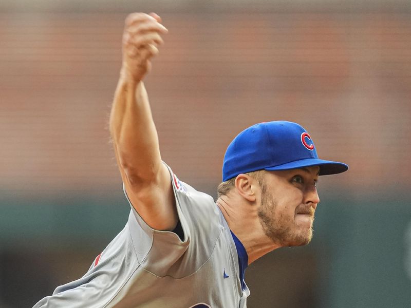 May 14, 2024; Cumberland, Georgia, USA; Chicago Cubs starting pitcher Jameson Taillon (50) pitches against the Atlanta Braves during the first inning at Truist Park. Mandatory Credit: Dale Zanine-USA TODAY Sports