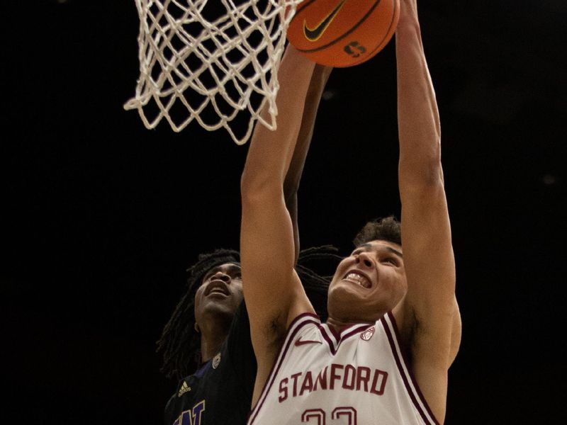 Feb 26, 2023; Stanford, California, USA; Stanford Cardinal forward Brandon Angel (23) and Washington Huskies guard Keyon Menifield (23) vie for a rebound during the first half at Maples Pavilion. Mandatory Credit: D. Ross Cameron-USA TODAY Sports