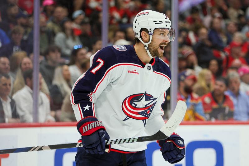 Nov 6, 2023; Sunrise, Florida, USA; Columbus Blue Jackets center Sean Kuraly (7) celebrates after scoring against the Florida Panthers during the first period at Amerant Bank Arena. Mandatory Credit: Sam Navarro-USA TODAY Sports