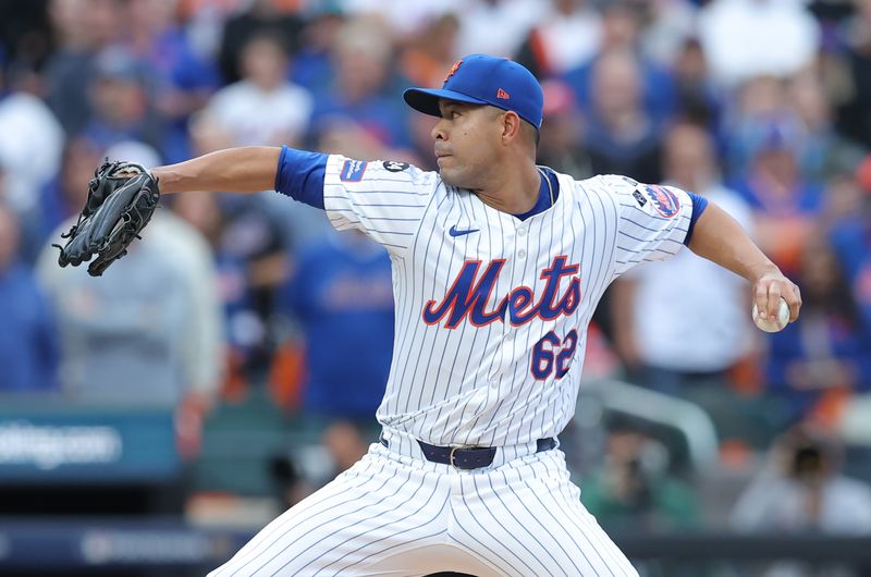 Oct 9, 2024; New York, New York, USA; New York Mets pitcher Jose Quintana (62) throws a pitch against the Philadelphia Phillies in the first inning in game four of the NLDS for the 2024 MLB Playoffs at Citi Field. Mandatory Credit: Brad Penner-Imagn Images