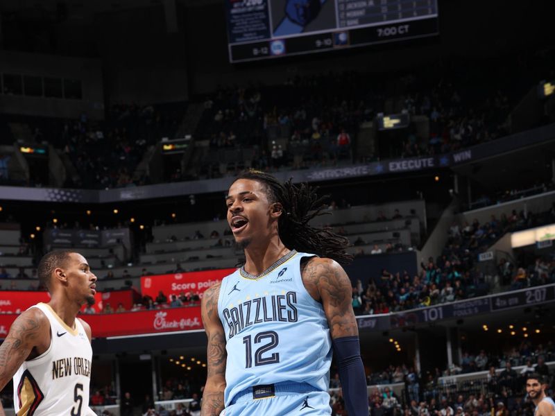 MEMPHIS, TN - NOVEMBER 29: Ja Morant #12 of the Memphis Grizzlies celebrates during the game against the New Orleans Pelicans during the Emirates NBA Cup game on November 29, 2024 at FedExForum in Memphis, Tennessee. NOTE TO USER: User expressly acknowledges and agrees that, by downloading and or using this photograph, User is consenting to the terms and conditions of the Getty Images License Agreement. Mandatory Copyright Notice: Copyright 2024 NBAE (Photo by Joe Murphy/NBAE via Getty Images)