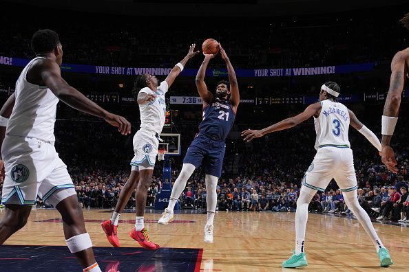 PHILADELPHIA, PA - DECEMBER 20: Joel Embiid #21 of the Philadelphia 76ers shoots the ball during the game against the Minnesota Timberwolves on December 20, 2023 at the Wells Fargo Center in Philadelphia, Pennsylvania NOTE TO USER: User expressly acknowledges and agrees that, by downloading and/or using this Photograph, user is consenting to the terms and conditions of the Getty Images License Agreement. Mandatory Copyright Notice: Copyright 2023 NBAE (Photo by Jesse D. Garrabrant/NBAE via Getty Images)