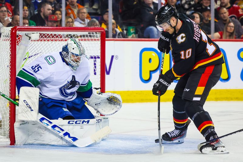 Dec 2, 2023; Calgary, Alberta, CAN; Calgary Flames center Jonathan Huberdeau (10) tries to score against Vancouver Canucks goaltender Thatcher Demko (35) during the second period at Scotiabank Saddledome. Mandatory Credit: Sergei Belski-USA TODAY Sports