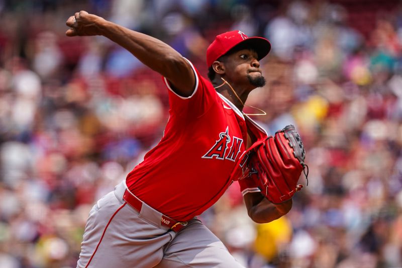 Jun 4, 2025; Boston, Massachusetts, USA; Los Angeles Angels pitcher José Soriano (59) throws a pitch against the Boston Red Sox in the first inning at Fenway Park. Mandatory Credit: David Butler II-Imagn Images