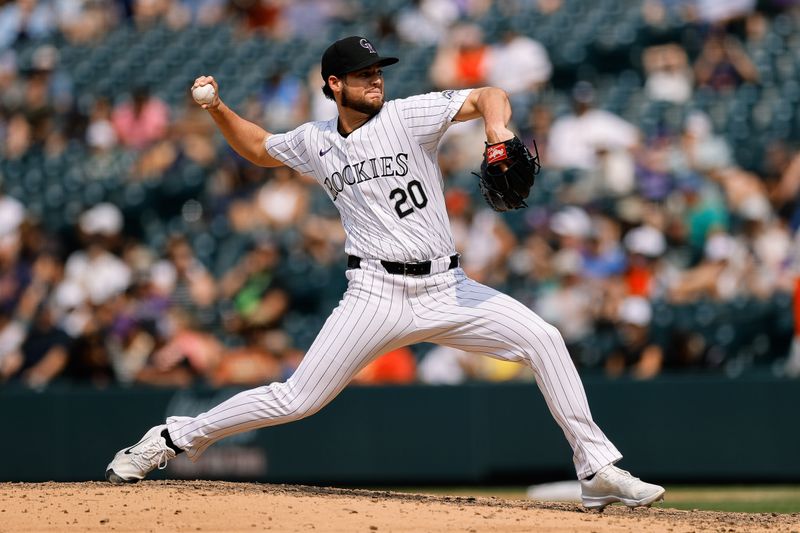 Jul 24, 2024; Denver, Colorado, USA; Colorado Rockies relief pitcher Peter Lambert (20) pitches in the eighth inning against the Boston Red Sox at Coors Field. Mandatory Credit: Isaiah J. Downing-USA TODAY Sports