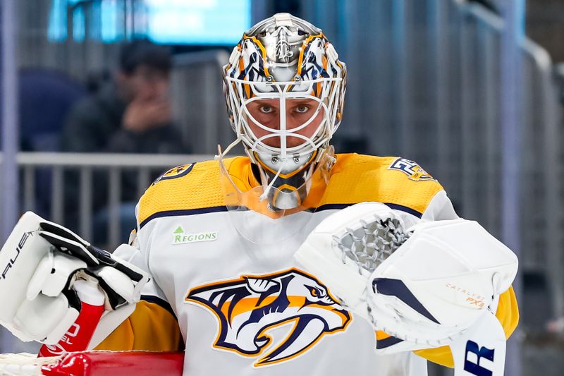 Apr 6, 2024; Elmont, New York, USA; Nashville Predators goaltender Kevin Lankinen (32) in action against the New York Islanders during the second period at UBS Arena. Mandatory Credit: Tom Horak-USA TODAY Sports