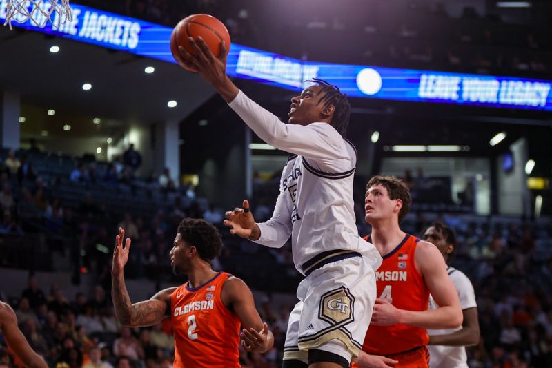 Feb 21, 2024; Atlanta, Georgia, USA; Georgia Tech Yellow Jackets forward Tafara Gapare (5) shoots against the Clemson Tigers in the second half at McCamish Pavilion. Mandatory Credit: Brett Davis-USA TODAY Sports