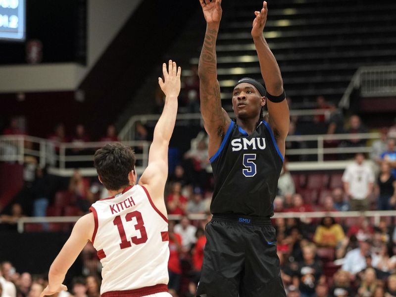 Feb 28, 2026; Stanford, California, USA; Southern Methodist University Mustangs guard Jaron Pierre Jr. (5) shoots against Stanford Cardinal guard Ethan Kitch (13) during the second half at Maples Pavilion. Mandatory Credit: Darren Yamashita-Imagn Images