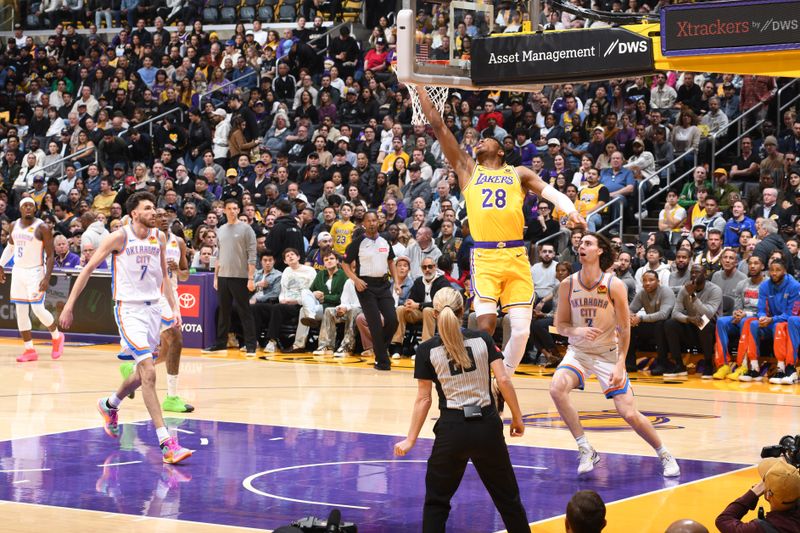 LOS ANGELES, CA - MARCH 4: Rui Hachimura #28 of the Los Angeles Lakers drives to the basket during the game against the Oklahoma City Thunder on March 4, 2024 at Crypto.Com Arena in Los Angeles, California. NOTE TO USER: User expressly acknowledges and agrees that, by downloading and/or using this Photograph, user is consenting to the terms and conditions of the Getty Images License Agreement. Mandatory Copyright Notice: Copyright 2024 NBAE (Photo by Andrew D. Bernstein/NBAE via Getty Images)