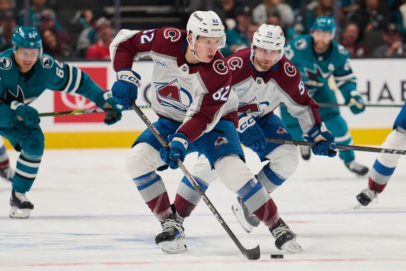 Oct 20, 2024; San Jose, California, USA; Colorado Avalanche center Ivan Ivan (82) controls the puck against the San Jose Sharks during the first period at SAP Center at San Jose. Mandatory Credit: Robert Edwards-Imagn Images