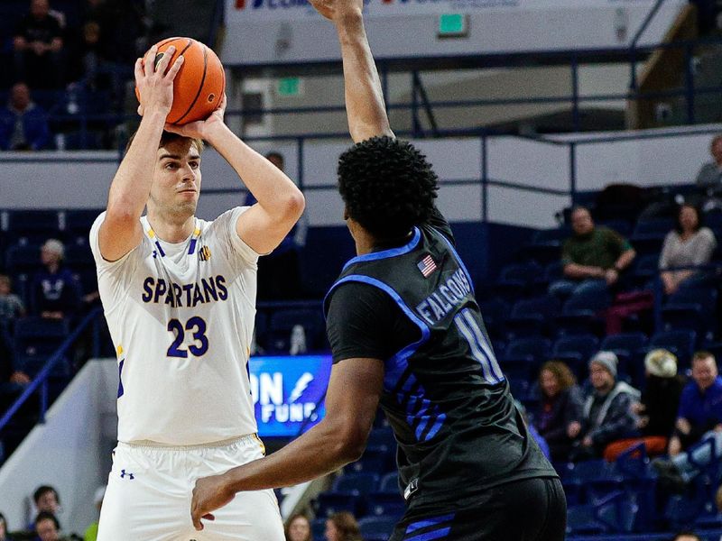 Jan 13, 2024; Colorado Springs, Colorado, USA; San Jose State Spartans forward Diogo Seixas (23) attempts a shot against Air Force Falcons guard Byron Brown (11) in the first half at Clune Arena. Mandatory Credit: Isaiah J. Downing-USA TODAY Sports