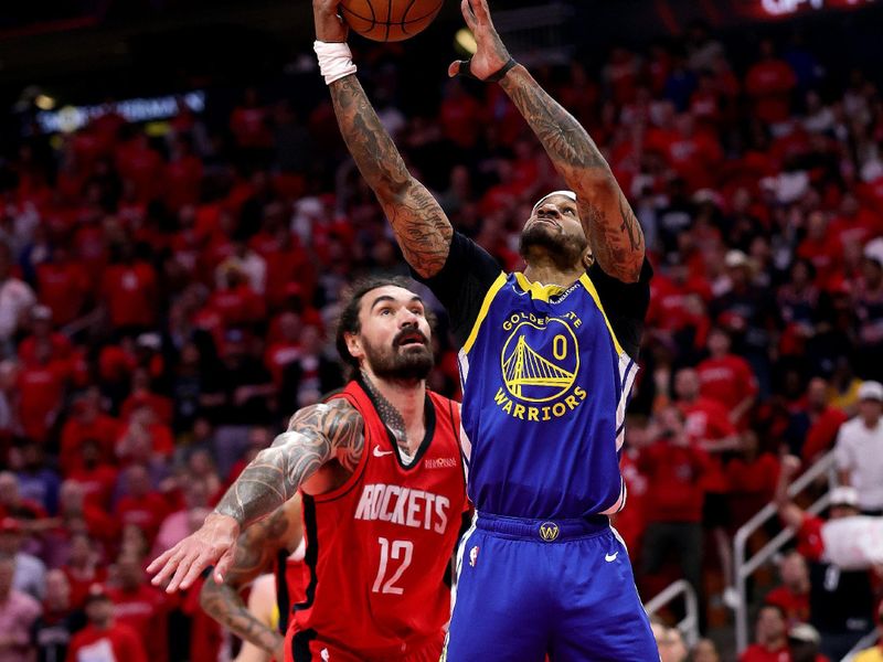 HOUSTON, TEXAS - APRIL 20:  Gary Payton II #0 of the Golden State Warriors attempts a shot against Steven Adams #12 of the Houston Rockets during the fourth quarter in Game One of the Western Conference First Round NBA Playoffs at Toyota Center on April 20, 2025 in Houston, Texas. NOTE TO USER: User expressly acknowledges and agrees that, by downloading and or using this photograph, User is consenting to the terms and conditions of the Getty Images License Agreement. (Photo by Alex Slitz/Getty Images)