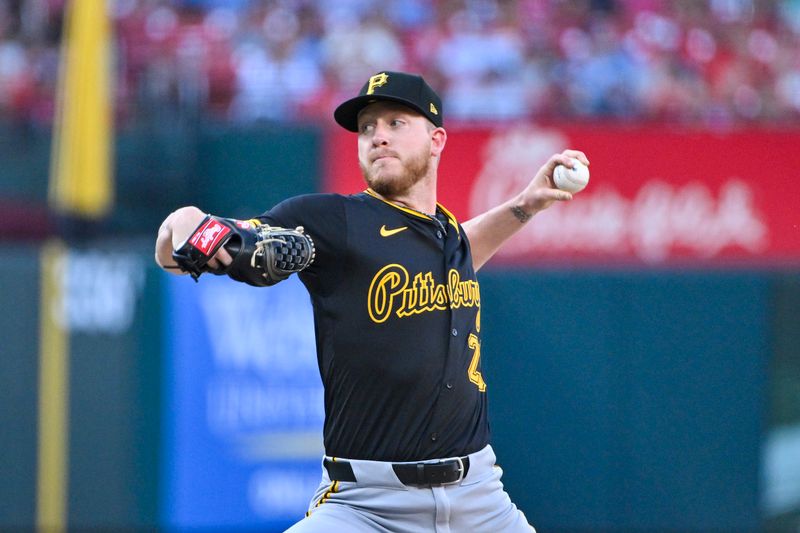 Jun 12, 2024; St. Louis, Missouri, USA;  Pittsburgh Pirates starting pitcher Bailey Falter (26) pitches against the St. Louis Cardinals during the first inning at Busch Stadium. Mandatory Credit: Jeff Curry-USA TODAY Sports