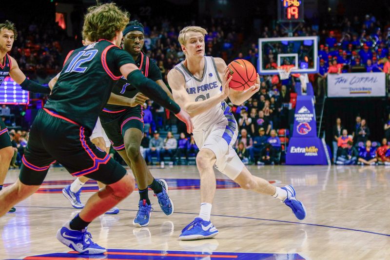 Feb 3, 2024; Boise, Idaho, USA; Air Force Falcons forward Rytis Petraitis (31) drives to the basket during the first half against the Boise State Broncos ExtraMile Arena. Mandatory Credit: Brian Losness-USA TODAY Sports