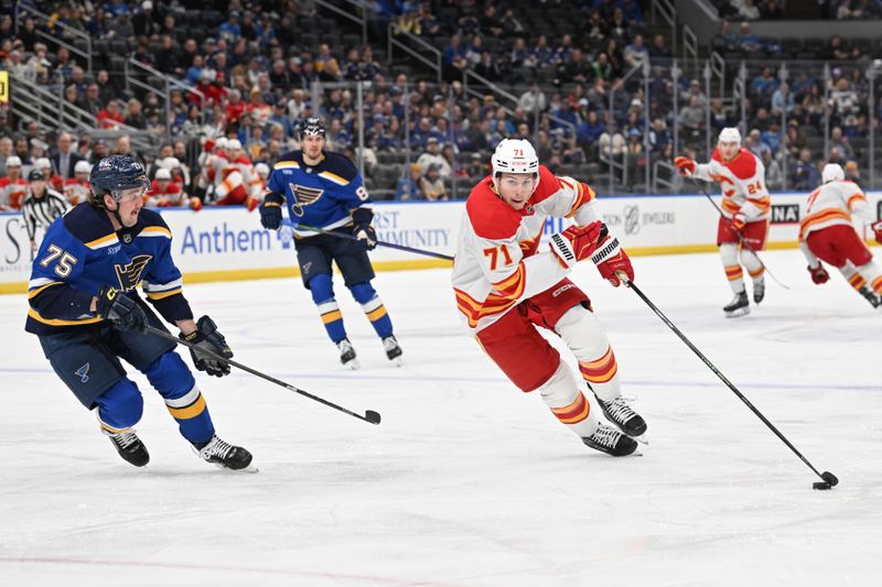 Jan 14, 2025; St. Louis, Missouri, USA; St. Louis Blues defenseman Tyler Tucker (75) defends against Calgary Flames right wing Walker Duehr (71) in the first period at Enterprise Center. Mandatory Credit: Joe Puetz-Imagn Images