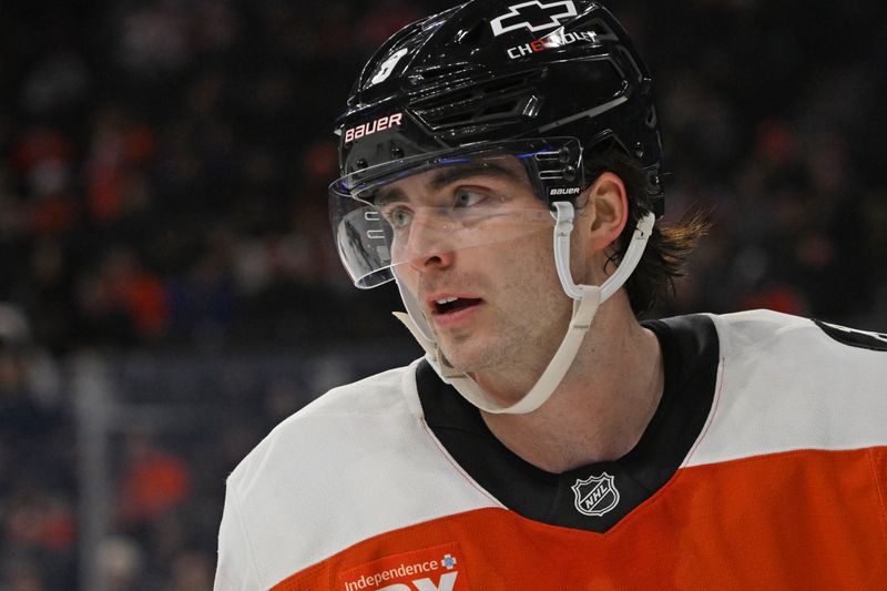 Feb 5, 2026; Philadelphia, Pennsylvania, USA; Philadelphia Flyers defenseman Jamie Drysdale (9) against the Ottawa Senators during the second period at Xfinity Mobile Arena. Mandatory Credit: Eric Hartline-Imagn Images
