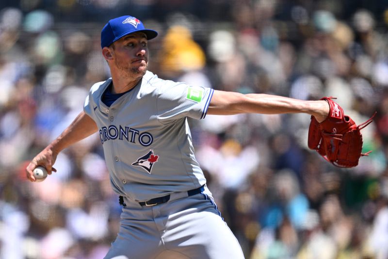 Apr 21, 2024; San Diego, California, USA; Toronto Blue Jays starting pitcher Chris Bassitt (40) throws a pitch against the San Diego Padres during the first inning at Petco Park. Mandatory Credit: Orlando Ramirez-USA TODAY Sports