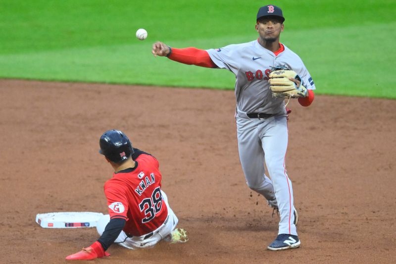 Apr 23, 2024; Cleveland, Ohio, USA; Boston Red Sox shortstop Ceddanne Rafaela (43) turns a double play beside Cleveland Guardians left fielder Steven Kwan (38) in the third inning at Progressive Field. Mandatory Credit: David Richard-USA TODAY Sports