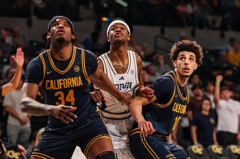 Mar 4, 2026; Atlanta, Georgia, USA; California Golden Bears forward Lee Dort (34) and guard Justin Pippen (10) look for the rebound against Georgia Tech Yellow Jackets forward Kowacie Reeves Jr. (14) during the second half at McCamish Pavilion. Mandatory Credit: Jordan Godfree-Imagn Images
