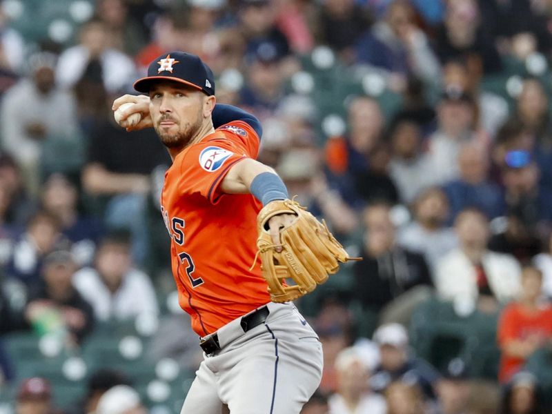 May 10, 2024; Detroit, Michigan, USA;  Houston Astros third baseman Alex Bregman (2) makes a throw to first in the sixth inning against the Detroit Tigers at Comerica Park. Mandatory Credit: Rick Osentoski-USA TODAY Sports