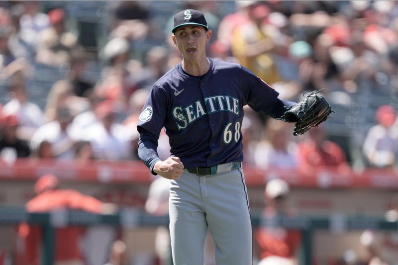 Jun 8, 2025; Anaheim, California, USA; Seattle Mariners pitcher George Kirby (69) celebrates at the end of the seventh inning against the Los Angeles Angels at Angel Stadium. Mandatory Credit: Kirby Lee-Imagn Images