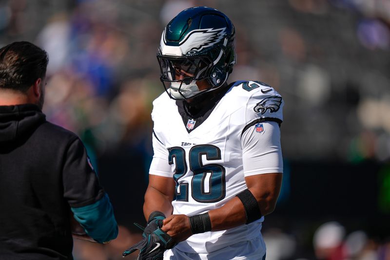 Philadelphia Eagles running back Saquon Barkley (26) warms up before playing against the New York Giants in an NFL football game, Sunday, Oct. 20, 2024, in East Rutherford, N.J. (AP Photo/Frank Franklin II)