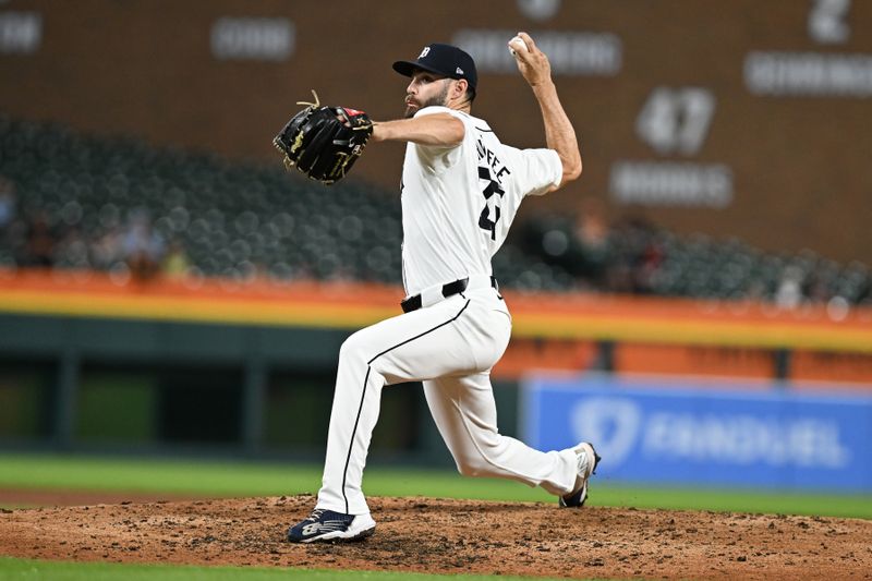 Aug 27, 2024; Detroit, Michigan, USA; Detroit Tigers pitcher Brenan Hanifee (75) throws a pitch against the Los Angeles Angels in the sixth inning at Comerica Park. Mandatory Credit: Lon Horwedel-USA TODAY Sports