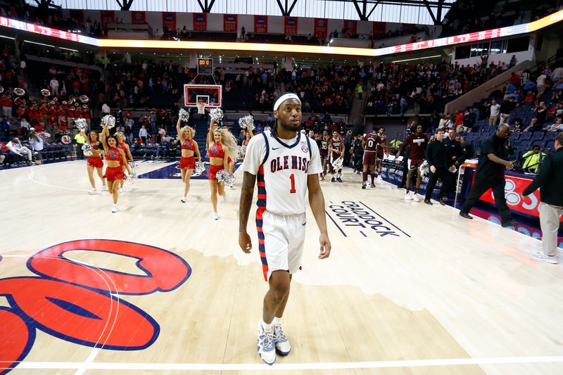 Feb 18, 2023; Oxford, Mississippi, USA; Mississippi Rebels guard Amaree Abram (1) walks off the court after being defeated by the Mississippi State Bulldogs at The Sandy and John Black Pavilion at Ole Miss. Mandatory Credit: Petre Thomas-USA TODAY Sports