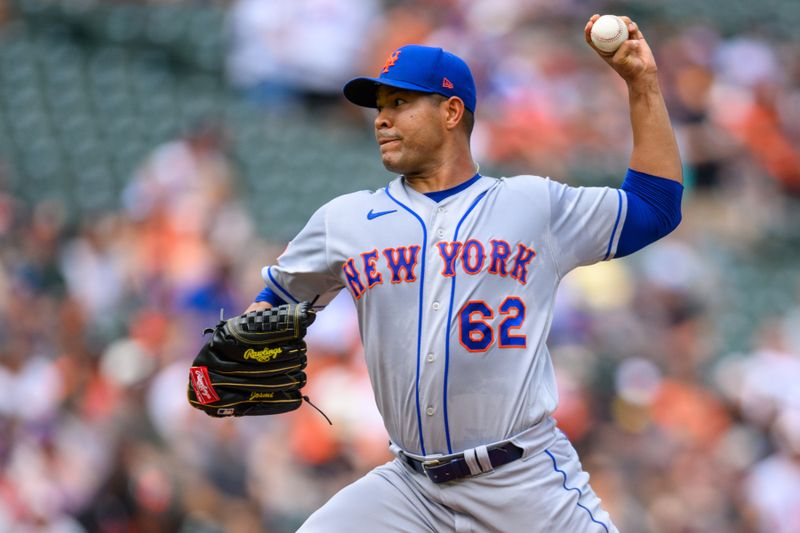 Aug 6, 2023; Baltimore, Maryland, USA; New York Mets starting pitcher Jose Quintana (62) throws a pitch during the second inning against the Baltimore Orioles at Oriole Park at Camden Yards. Mandatory Credit: Reggie Hildred-USA TODAY Sports