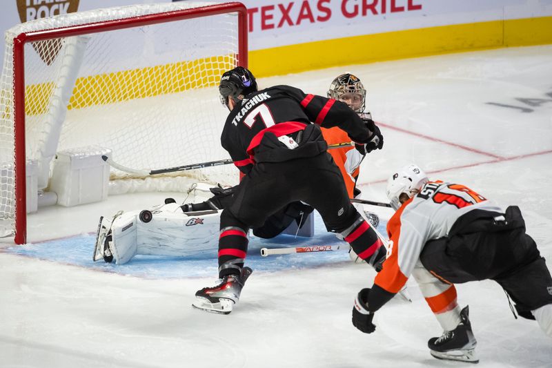 Oct 14, 2023; Ottawa, Ontario, CAN; Ottawa Senators left wing BradyTkachuk (7) shoots on Philadelphia Flyers goalie Carter Hart (79) in the third period at the Canadian Tire Centre. Mandatory Credit: Marc DesRosiers-USA TODAY Sports