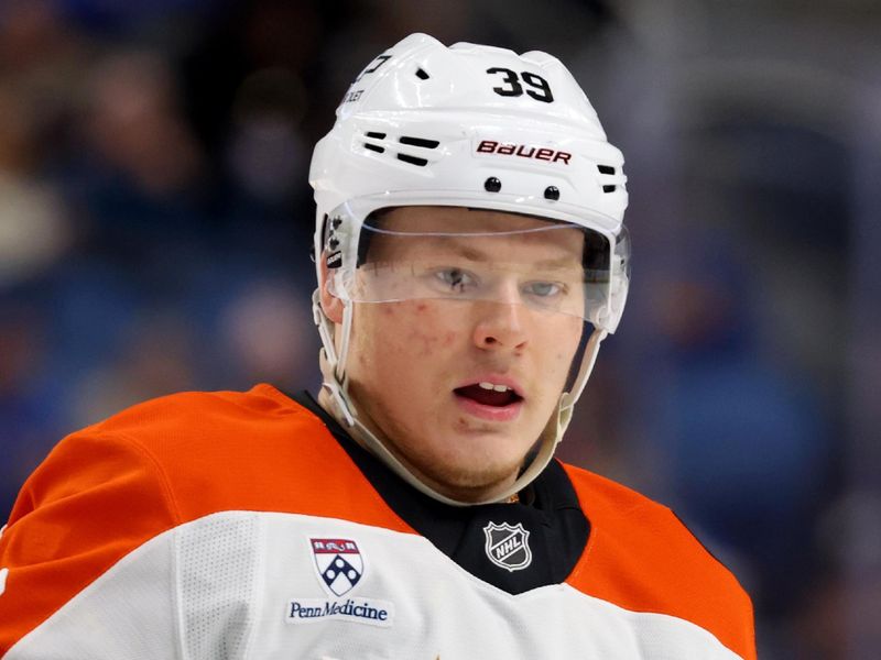 Jan 14, 2026; Buffalo, New York, USA;  Philadelphia Flyers right wing Matvei Michkov (39) waits for the face-off during the third period against the Buffalo Sabres at KeyBank Center. Mandatory Credit: Timothy T. Ludwig-Imagn Images
