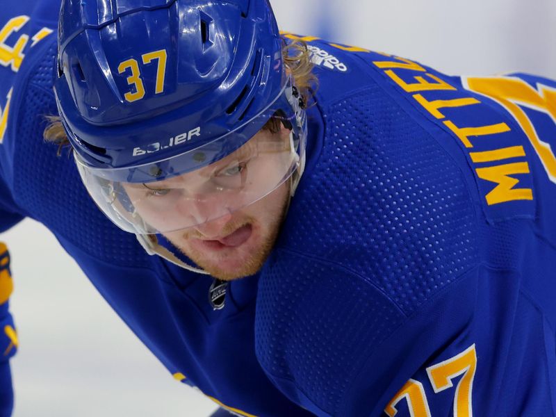 Jan 20, 2024; Buffalo, New York, USA;  Buffalo Sabres center Casey Mittelstadt (37) waits for the face-off during the second period against the Tampa Bay Lightning at KeyBank Center. Mandatory Credit: Timothy T. Ludwig-USA TODAY Sports