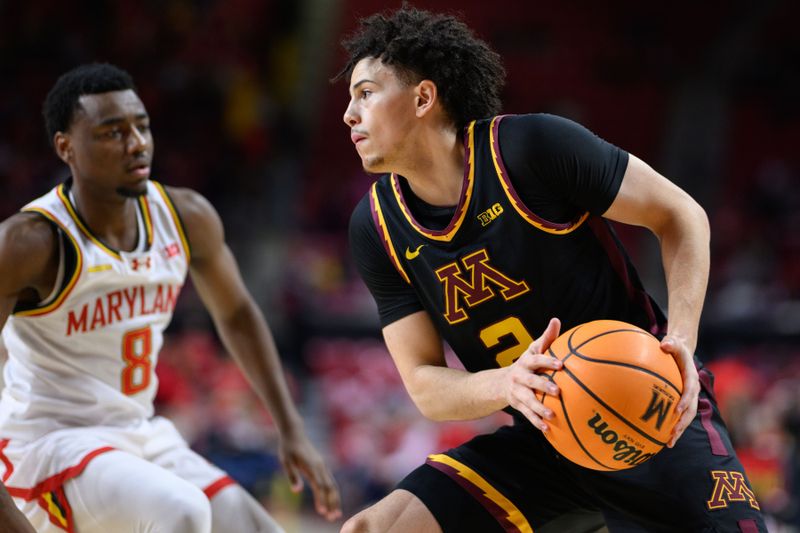 Jan 13, 2025; College Park, Maryland, USA; Minnesota Golden Gophers guard Mike Mitchell Jr. (2) handles the ball against Maryland Terrapins guard Jay Young (8) during the second half  at Xfinity Center. Mandatory Credit: Reggie Hildred-Imagn Images