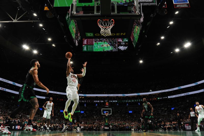 BOSTON, MA - NOVEMBER 19:  Donovan Mitchell #45 of the Cleveland Cavaliers shoots the ball during the game against the Boston Celtics during the Emirates NBA Cup game on November 19, 2024 at TD Garden in Boston, Massachusetts. NOTE TO USER: User expressly acknowledges and agrees that, by downloading and/or using this Photograph, user is consenting to the terms and conditions of the Getty Images License Agreement. Mandatory Copyright Notice: Copyright 2024 NBAE (Photo by Brian Babineau/NBAE via Getty Images)