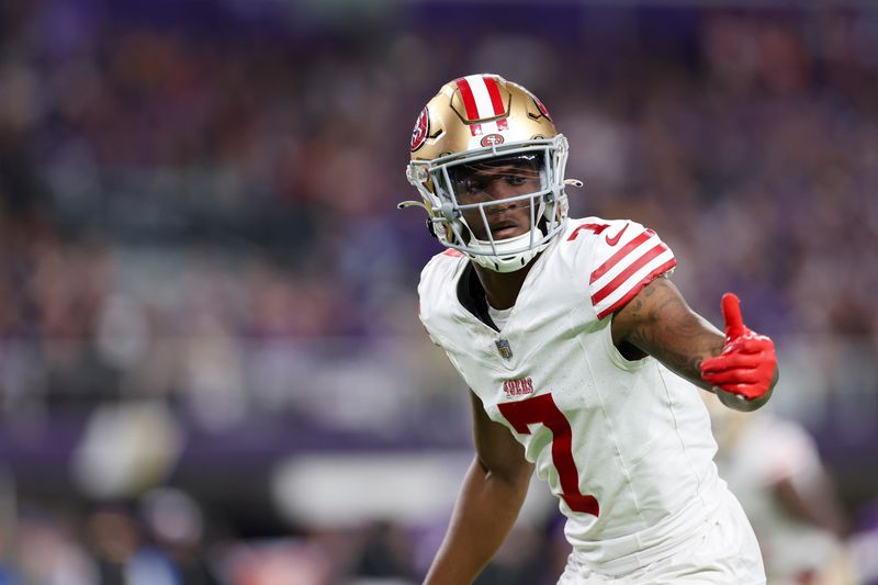 San Francisco 49ers cornerback Charvarius Ward (7) in a action before a play starts during the second half of an NFL football game against the Minnesota Vikings, Monday, Oct. 23, 2023 in Minneapolis. (AP Photo/Stacy Bengs)