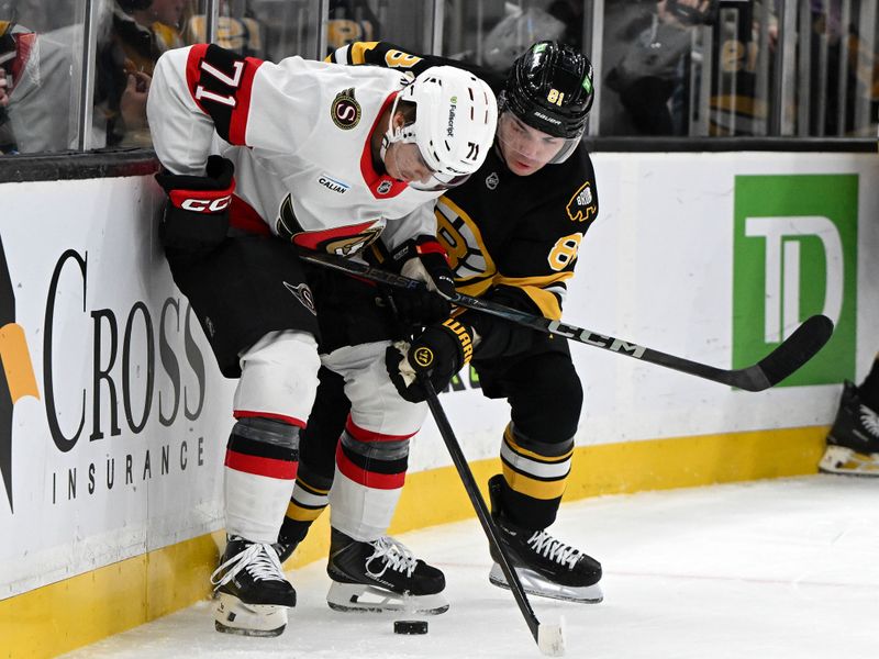 Nov 6, 2025; Boston, Massachusetts, USA; Boston Bruins center Michael Eyssimont (81) and Ottawa Senators center Ridly Greig (71) battle for the puck during the first period at the TD Garden. Mandatory Credit: Brian Fluharty-Imagn Images