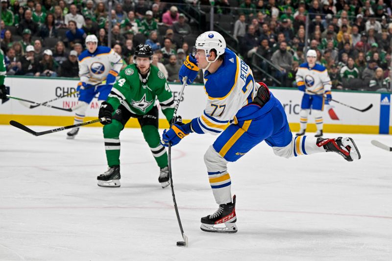 Apr 9, 2024; Dallas, Texas, USA; Buffalo Sabres right wing JJ Peterka (77) shoots the puck in the Dallas Stars zone during the first period at the American Airlines Center. Mandatory Credit: Jerome Miron-USA TODAY Sports