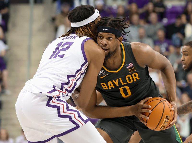 Feb 11, 2023; Fort Worth, Texas, USA;  Baylor Bears forward Flo Thamba (0) controls the ball as TCU Horned Frogs forward Xavier Cork (12) defends during the second half at Ed and Rae Schollmaier Arena. Mandatory Credit: Kevin Jairaj-USA TODAY Sports