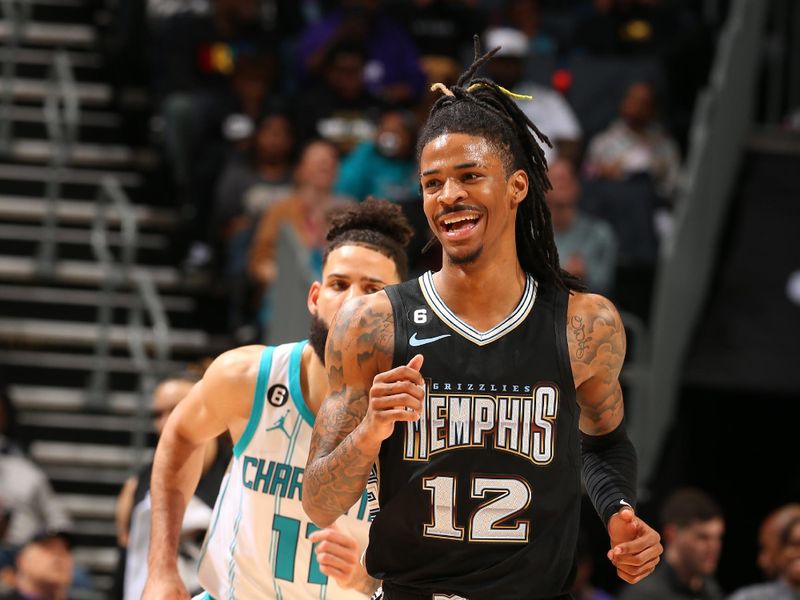 CHARLOTTE, NC - JANUARY 4: Ja Morant #12 of the Memphis Grizzlies smiles during the game against the Charlotte Hornets on January 4, 2023 at Spectrum Center in Charlotte, North Carolina. NOTE TO USER: User expressly acknowledges and agrees that, by downloading and or using this photograph, User is consenting to the terms and conditions of the Getty Images License Agreement. Mandatory Copyright Notice: Copyright 2023 NBAE (Photo by Kent Smith/NBAE via Getty Images)