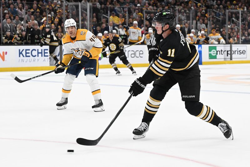 Oct 14, 2023; Boston, Massachusetts, USA; Boston Bruins center Trent Frederic (11) takes a shot in front of Nashville Predators left wing Kiefer Sherwood (44) during the second period at the TD Garden. Mandatory Credit: Brian Fluharty-USA TODAY Sports