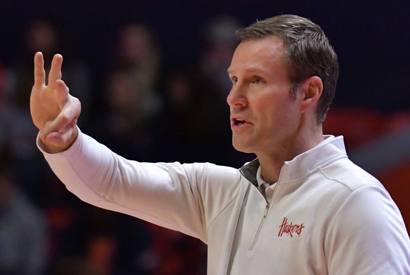 Jan 31, 2023; Champaign, Illinois, USA; Nebraska Cornhuskers head coach Fred Hoiberg gestures during the first half against the Illinois Fighting Illini at State Farm Center. Mandatory Credit: Ron Johnson-USA TODAY Sports