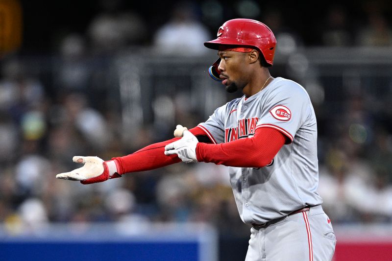 Apr 29, 2024; San Diego, California, USA; Cincinnati Reds center fielder Will Benson (30) celebrates after hitting a double against the San Diego Padres during the third inning at Petco Park. Mandatory Credit: Orlando Ramirez-USA TODAY Sports