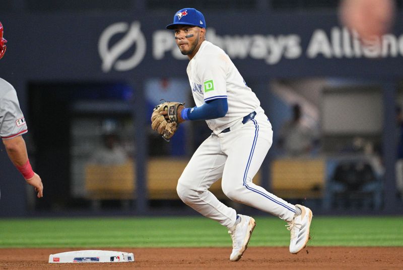 Aug 22, 2024; Toronto, Ontario, CAN;  Toronto Blue Jays shortstop Leo Jimenez (49) looks to turn a double play after a force out at second against the Los Angeles Angels in the fifth inning at Rogers Centre. Mandatory Credit: Dan Hamilton-USA TODAY Sports