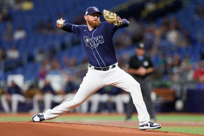 Sep 7, 2023; St. Petersburg, Florida, USA;  Tampa Bay Rays relief pitcher Zack Littell (52) throws a pitch against the Seattle Mariners in the first inning at Tropicana Field. Mandatory Credit: Nathan Ray Seebeck-USA TODAY Sports