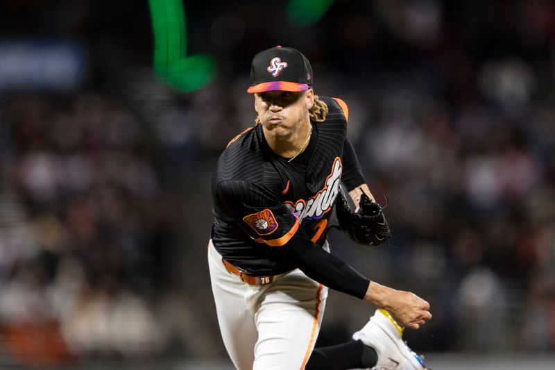 May 13, 2025; San Francisco, California, USA; San Francisco Giants closing pitcher Spencer Bivens (76) throws against the Arizona Diamondbacks during the ninth inning at Oracle Park. Mandatory Credit: John Hefti-Imagn Images